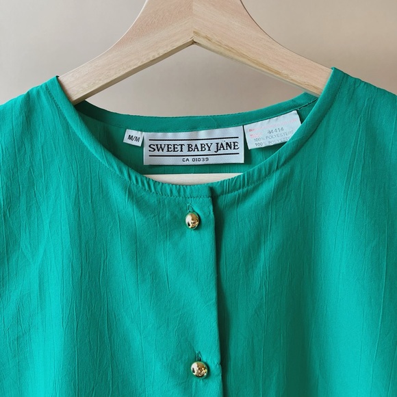 Vintage Emerald Green Sleeveless Blouse with Gold Buttons - Picture 2 of 3